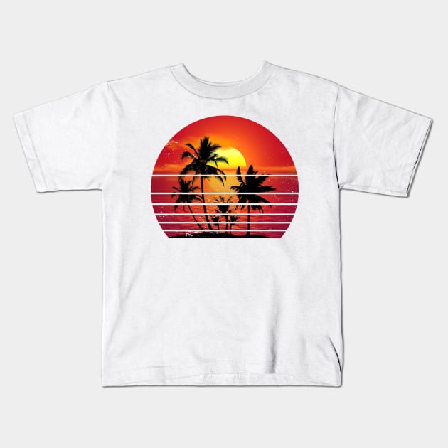 Vintage Retro Sunset Palm Tree Kids T-Shirt by bougieFire